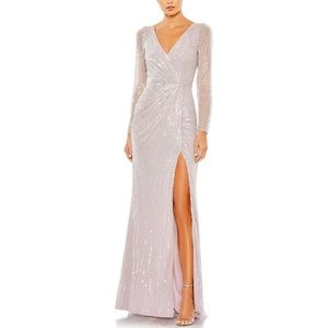 NEW Mac Duggal Sequin Faux Wrap Long Sleeve Gown, Lavender, size 20